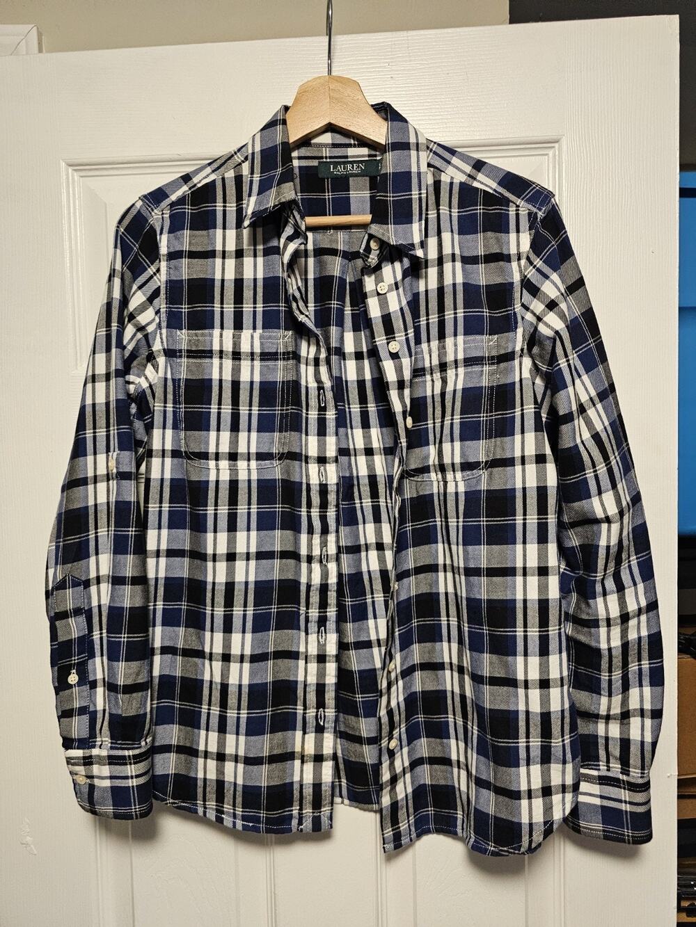 Lauren Ralph Lauren Shirt Women Small Petite Blue Black Plaid Button Up